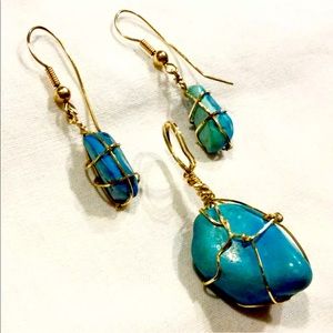 14K GOLD PLATED NATURAL TURQUOISE NUGGETS WIRE SET EARRINGS & PENDANT NECKLACE